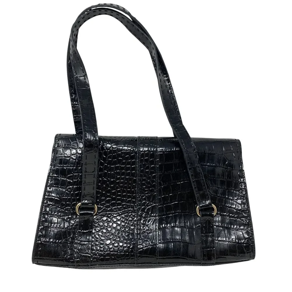 Liz Claiborne Black Faux Croc Embossed Shoulder Bag Buckle Flap Satchel Purse